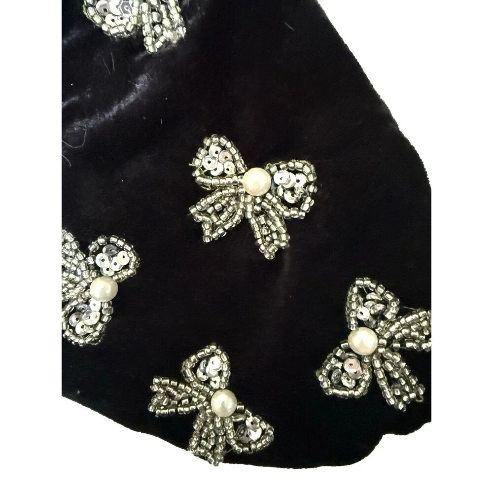 Artisan de Luxe Christmas Stocking Black Velvet Bow Pearls Beads Sequins 22